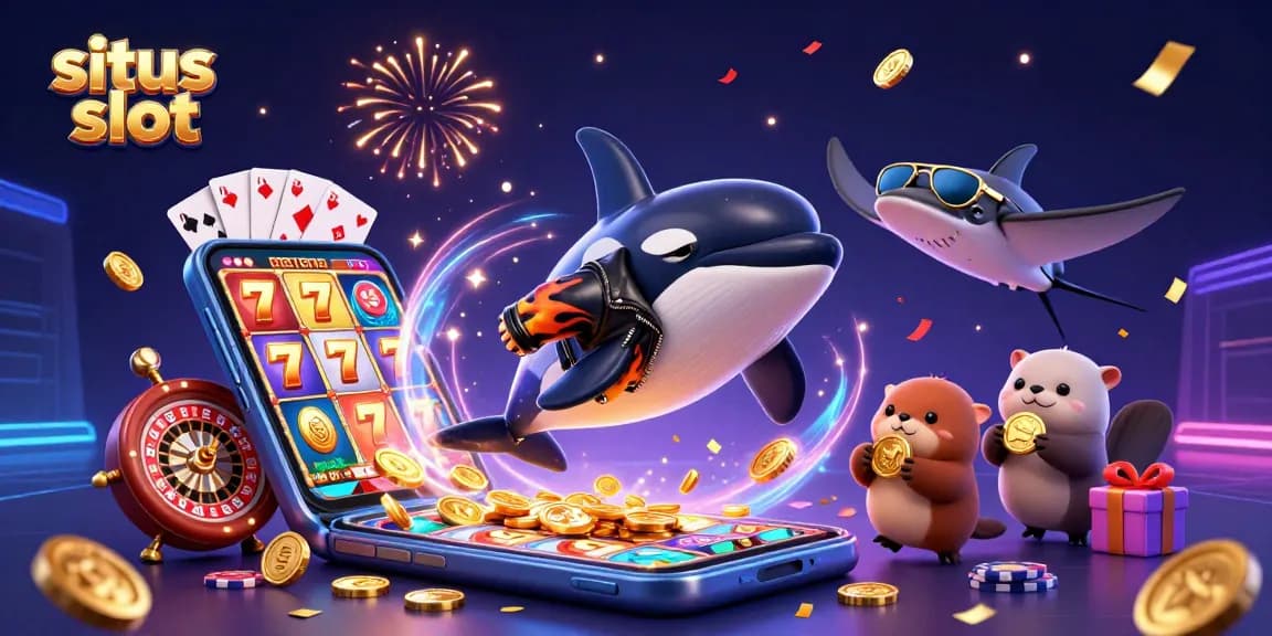 Menangkan pengalaman bermain di situs slot dengan simbol keberuntungan berkilau dan karakter unik di sekitarnya.