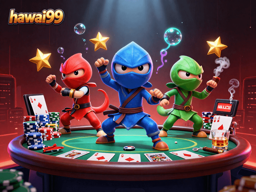 hawai99 showcases a 3D chameleon ninja team performing synchronized moves, surrounded by poker elements.