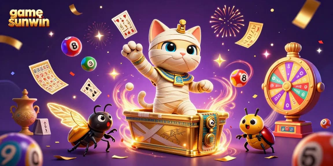 Experience the thrill of game sunwin with a vibrant 3D illustration of a gaming mummy cat and scarab.