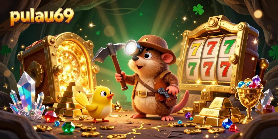 Experience pulau69's thrilling slot adventures in a vibrant treasure-filled scene.
