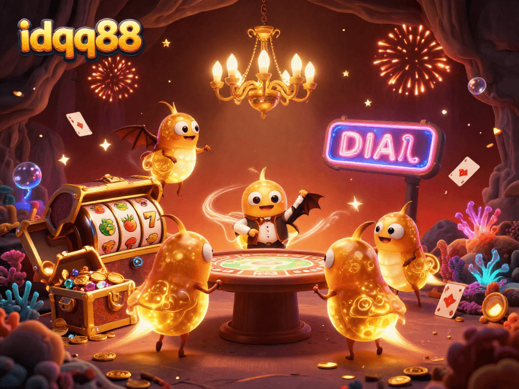 Experience thrilling wins at idqq88's glowing cave casino filled with bioluminescent glowworms, slot reels, and treasure.