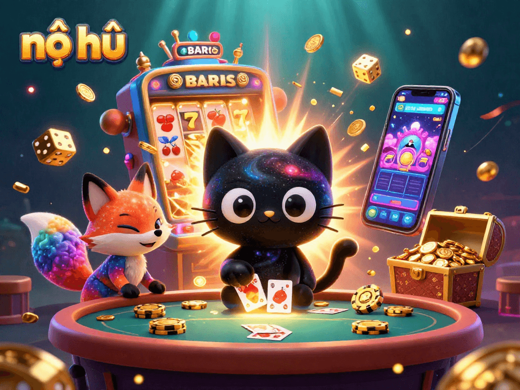 Experience thrilling nổ hũ action at a vibrant cosmic casino with captivating characters and dynamic game elements.