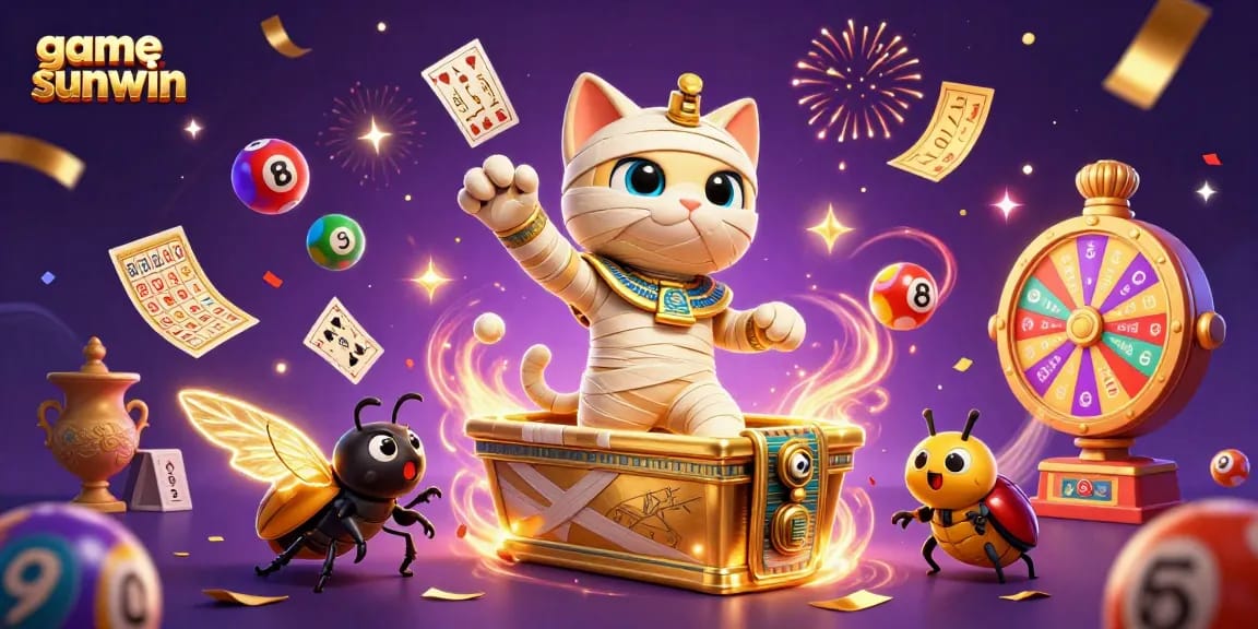 Experience the thrill of game sunwin with a vibrant 3D illustration of a gaming mummy cat and scarab.