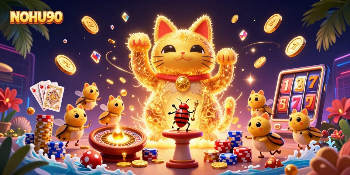 Engage in the luck of NOHU90 while winning with the golden fireflies and lucky cat in this vibrant scene.
