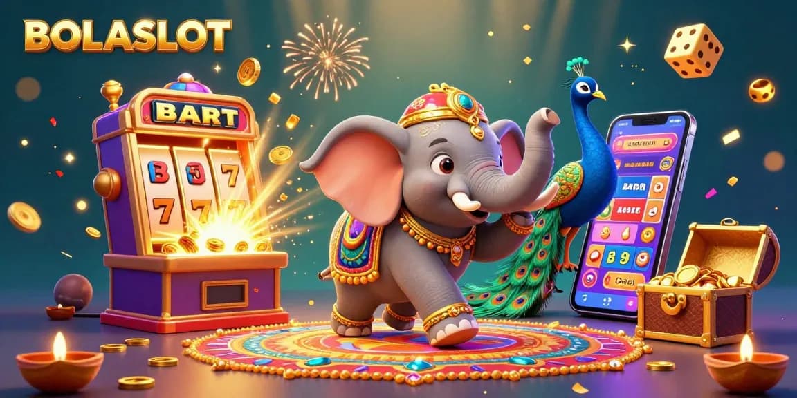 BOLASLOT showcases a vibrant casino scene with a dynamic elephant and peacock, surrounded by thrilling game elements.