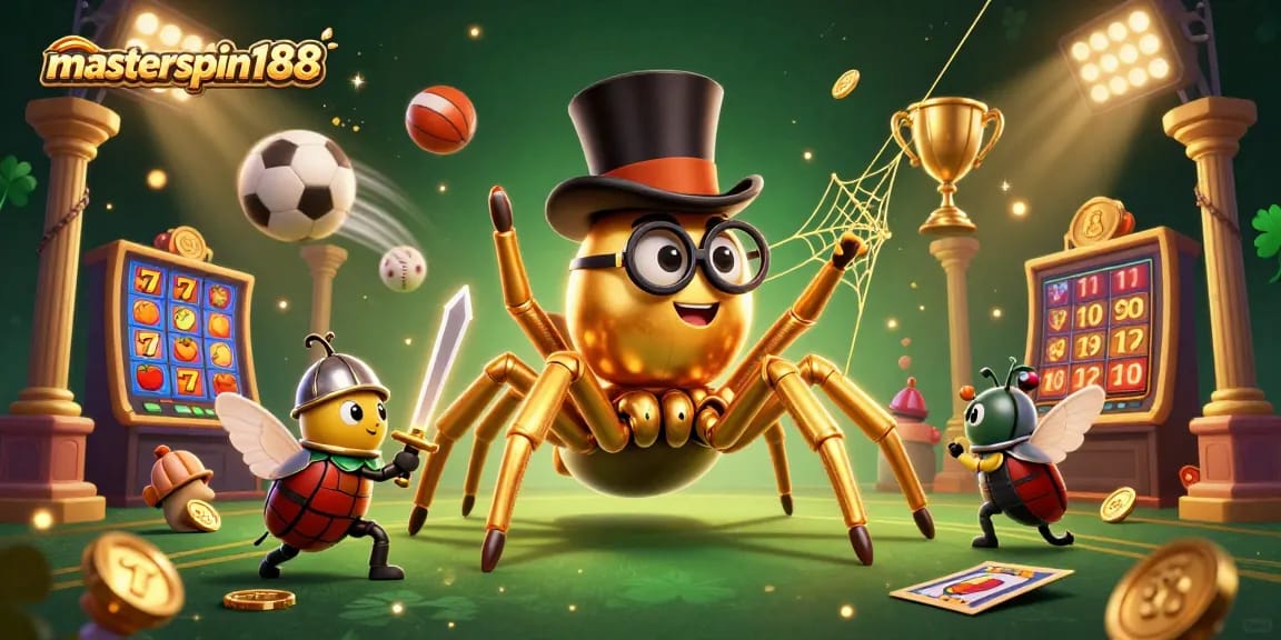 Engage with masterspin188's vibrant casino world, featuring a golden tarantula and beetle knight.