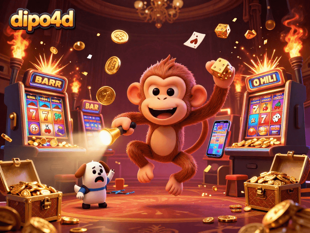 Experience thrilling dipo4d gameplay with a captivating scene of a mischievous monkey juggling golden casino items.
