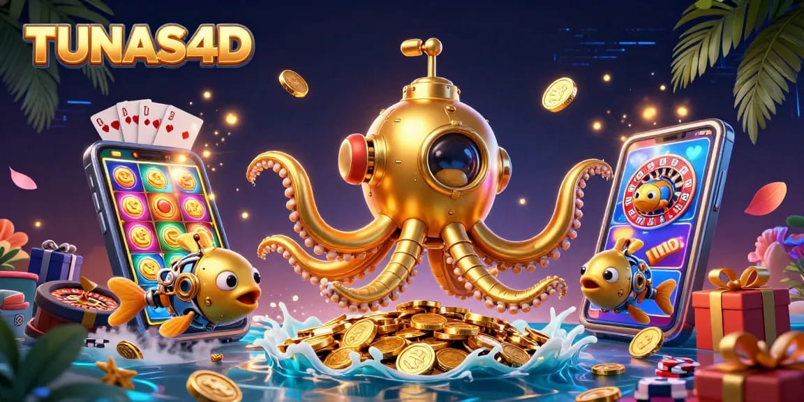 TUNAS4D immersive gaming experience featuring a golden kraken submarine and vibrant slot gameplay elements.